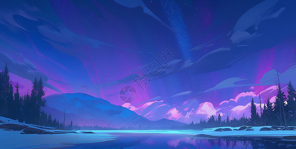 蓝紫色天空夜晚野外蓝紫色的云朵与极光卡通风景插画
