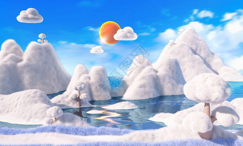 雪景山水3d立体冬季毛绒质感雪山风景模型场景设计图片