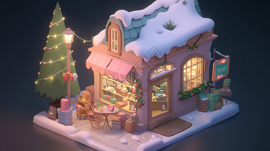 冬天夜晚双层温馨的卡通商店背景图片