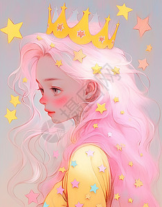 戴金黄色皇冠的粉色长发卡通小女孩背景图片