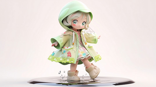 穿着雨衣踩水的可爱卡通小女孩背景图片