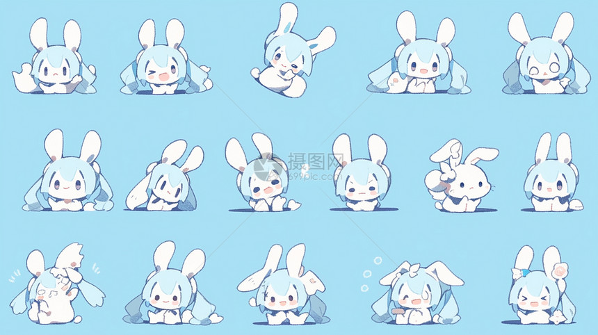 蓝色背景上可爱的卡通兔子表情包图片