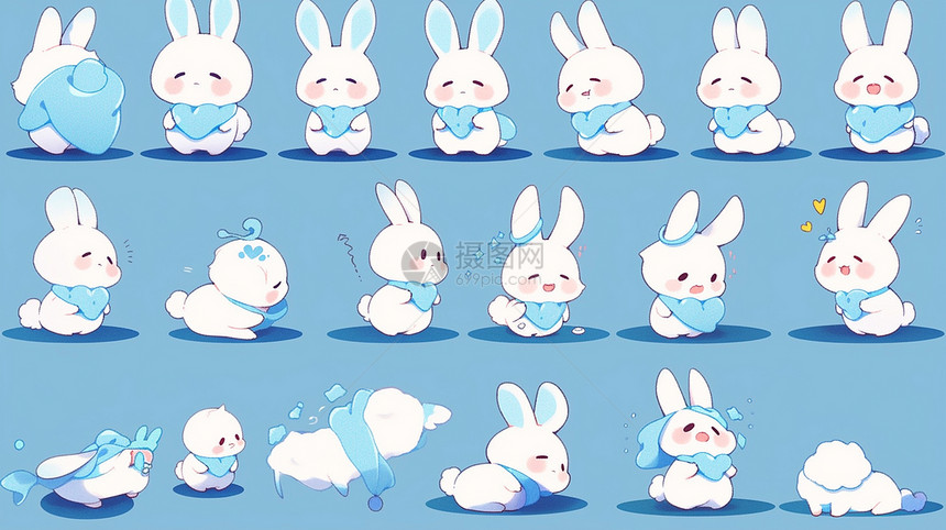 围着蓝色围巾各种动作可爱的卡通小白兔图片
