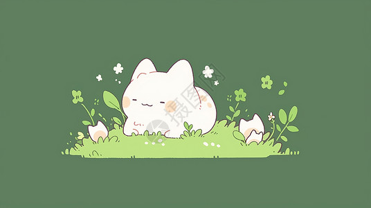 趴在草丛中肥胖可爱的卡通小白猫背景图片