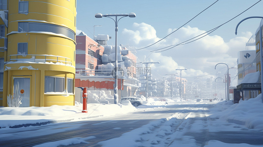 满街道都是雪的卡通小镇图片