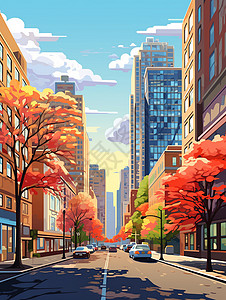 道路两旁种着树的卡通城市街道背景图片