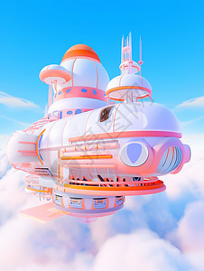 炫彩蓝色立体箭头在云朵上飞行的科幻卡通飞行器插画