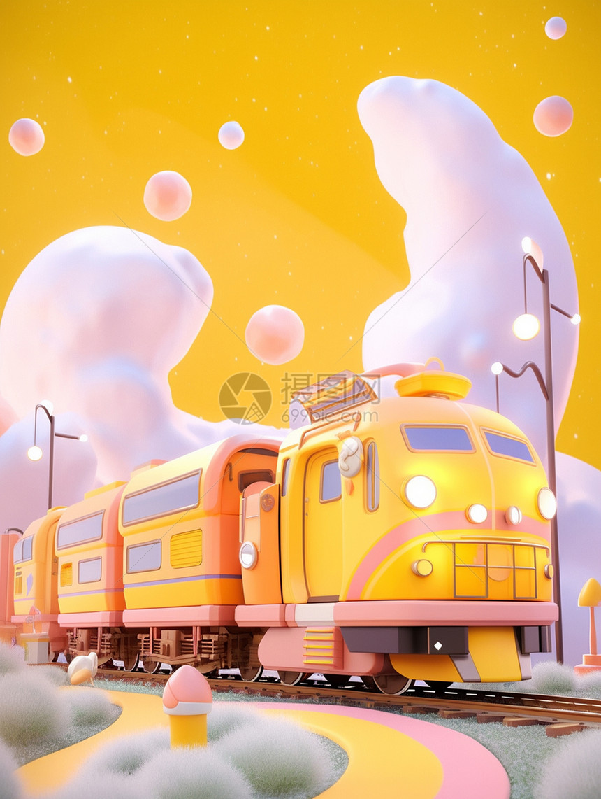 在轨道上行驶的立体黄色卡通火车图片
