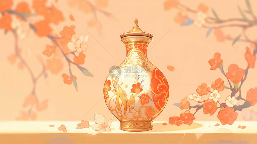 精致漂亮的古风卡通花瓶与花朵图片