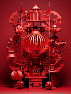 立体纸膜素材立体精致的红灯笼卡通剪纸风创意插画插画