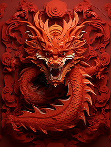 神话动物红色立体浮雕剪纸风喜庆的卡通龙插画