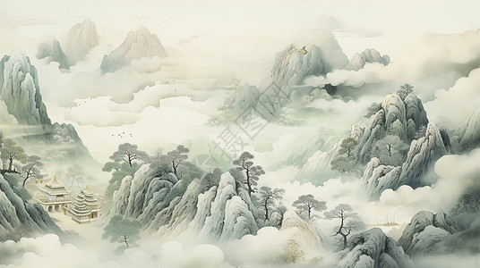 云雾缭绕的古风山水画卡通风景背景图片