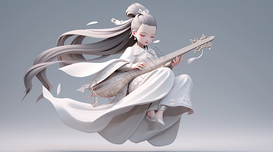 仙气飘飘的长发弹琴古风卡通女孩背景图片