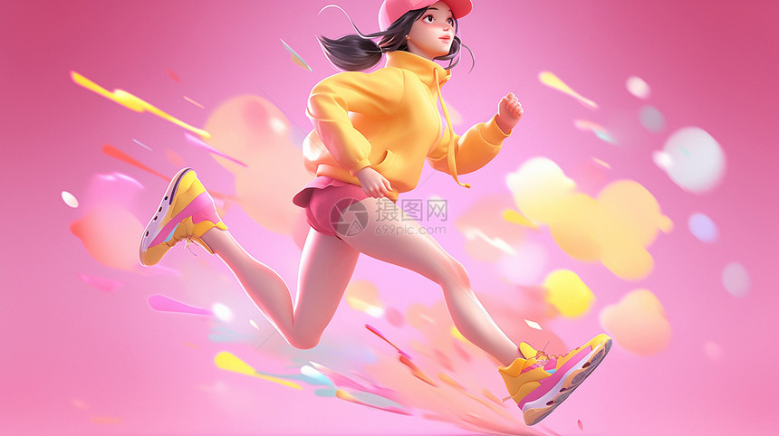 穿黄色运动衣奔跑的立体卡通女孩图片