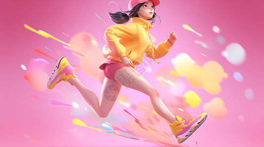 穿黄色运动衣奔跑的立体卡通女孩高清图片