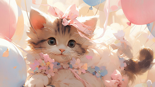 头戴粉色蝴蝶结可爱的卡通小花猫背景图片