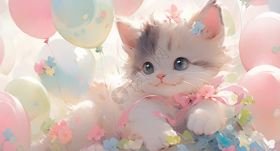 在气球中的可爱卡通小花猫背景图片
