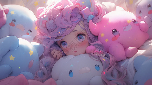 粉色长发大眼睛可爱的卡通小女孩在玩具堆中背景图片