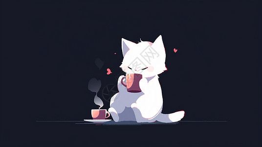 坐着安静喝咖啡的卡通小白猫背景图片