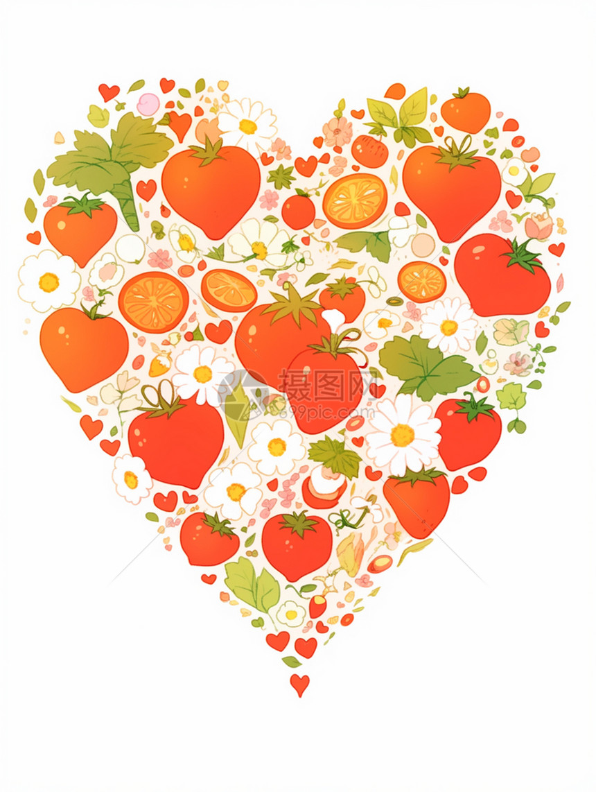很多可爱的卡通西红柿拼成的爱心形状图片