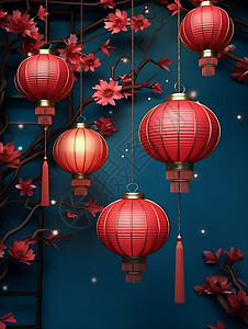 喜庆的红色灯笼与红色花朵背景图片