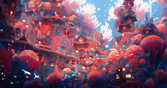 梦幻珊瑚海底世界卡通房子背景图片