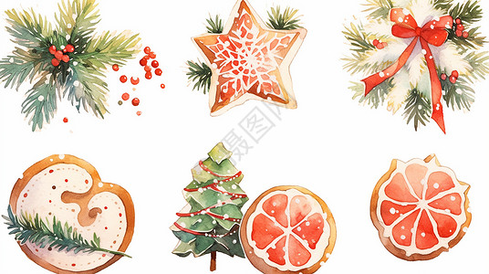 松树枝元素柚子片与松树枝圣诞卡通元素插画