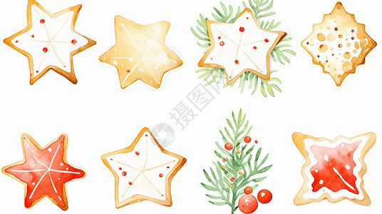 松树枝元素小星星造型可爱的饼干卡通元素插画