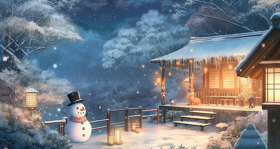 雪后森林中温馨的卡通小雪屋背景图片