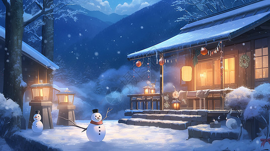 夜晚山中雪后挂着灯笼的卡通小木屋背景图片