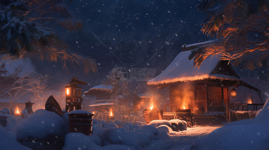 大雪中亮着灯温馨的卡通小木屋图片