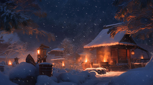 大雪中亮着灯温馨的卡通小木屋背景图片