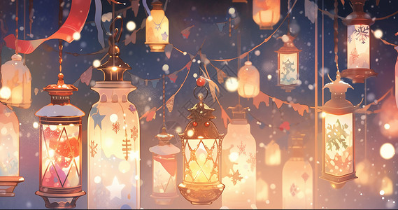 挂满温馨灯笼的卡通节日背景背景图片