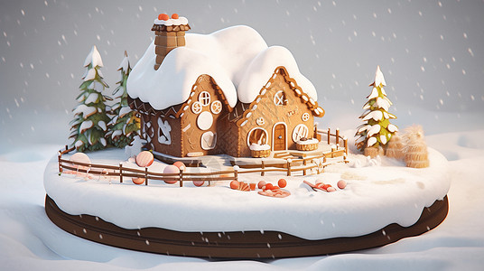 雪中温馨可爱的卡通饼干屋高清图片