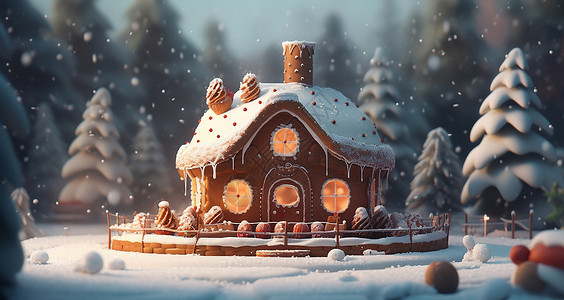 冬天大雪森林中可爱的卡通饼干屋背景图片