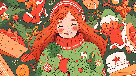 开心圣诞女孩穿着绿色毛衣开心笑的可爱卡通小女孩插画