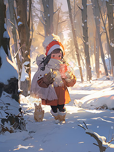 雪天在森林中散步的卡通小女孩背景图片