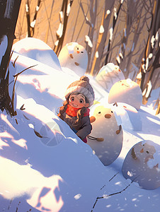 冬天躲在白雪堆后开心笑的可爱卡通小女孩高清图片
