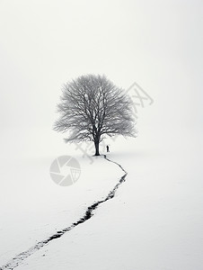 雪地中枯树下一个小小的人物剪影背景图片