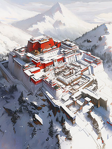 冬天雪山上大气唯美的卡通仿古建筑背景图片