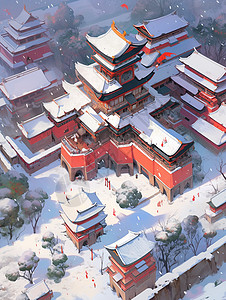 雪中秀丽漂亮的卡通古建筑背景图片