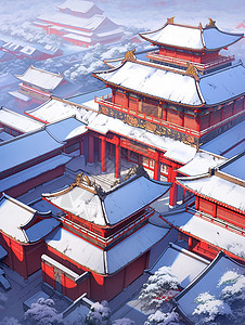 冬天雪中红色大气的卡通古建筑群背景图片