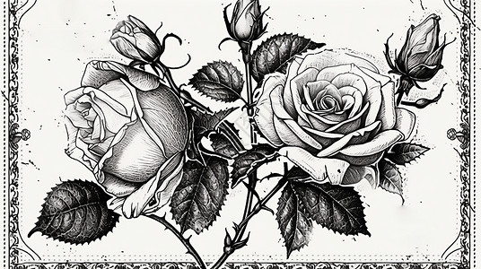 黑玫瑰花素材两朵复古漂亮的卡通玫瑰花插画