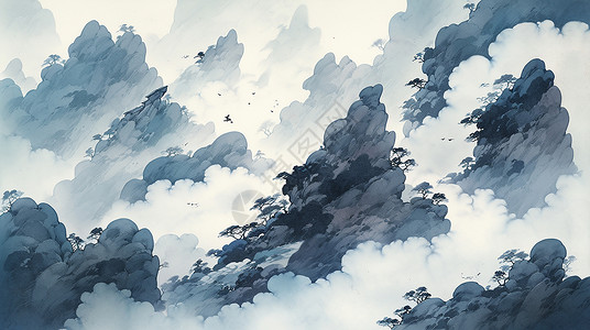 云雾环绕着山峰梦幻唯美卡通景色背景图片
