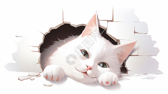 从墙上破洞而出的卡通小白猫背景图片