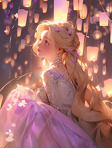 欣赏孔明灯的长发卡通公主背景图片