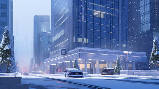 大雪中城市中的商务楼背景图片