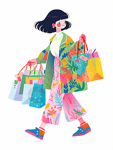 开心购物女孩穿着绿色外套拿着很多购物袋的开心走路的短发卡通女孩插画