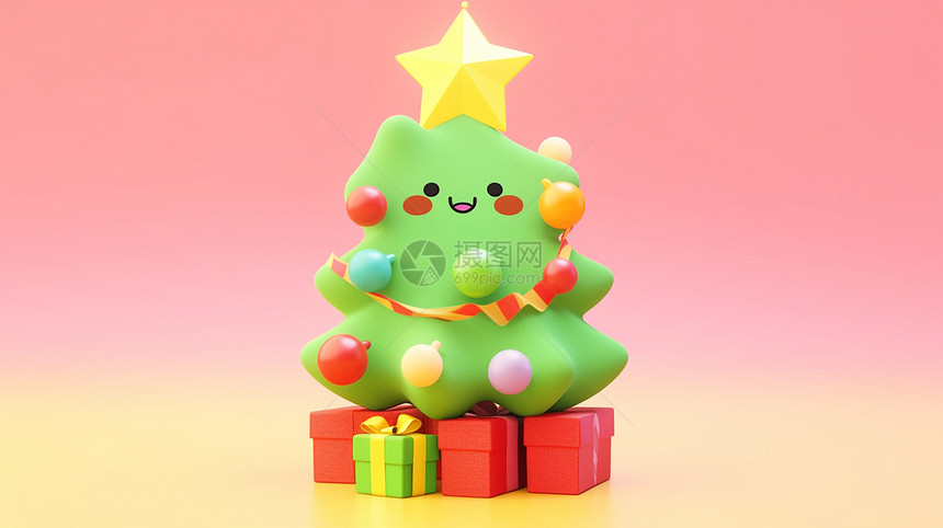 树上顶着小星星可爱的卡通圣诞树图片