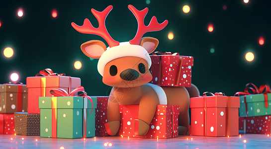 黏土风趴在红色礼物盒上驮着礼物的可爱卡通小鹿插画